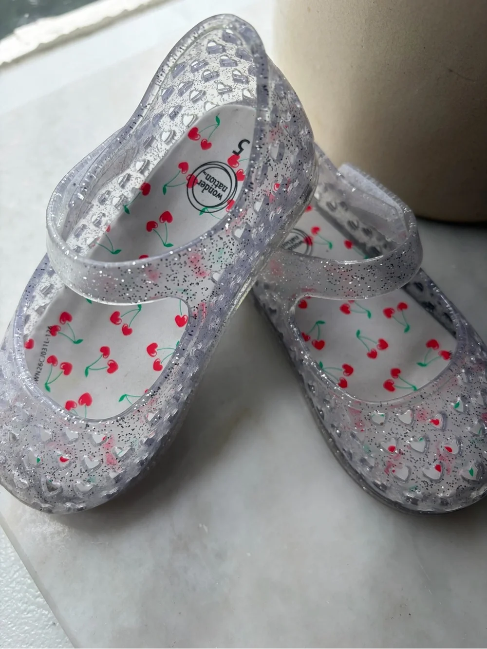Wonder Nation Clear Glitter Cherry Mary Jane Kids Shoes - White/Clear